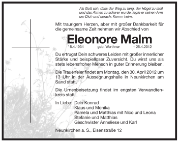 Traueranzeige von Eleonore Malm von Pegnitz-Zeitung